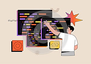 Software developer writes codes on special language on computer. Concept of script coding and web engineering